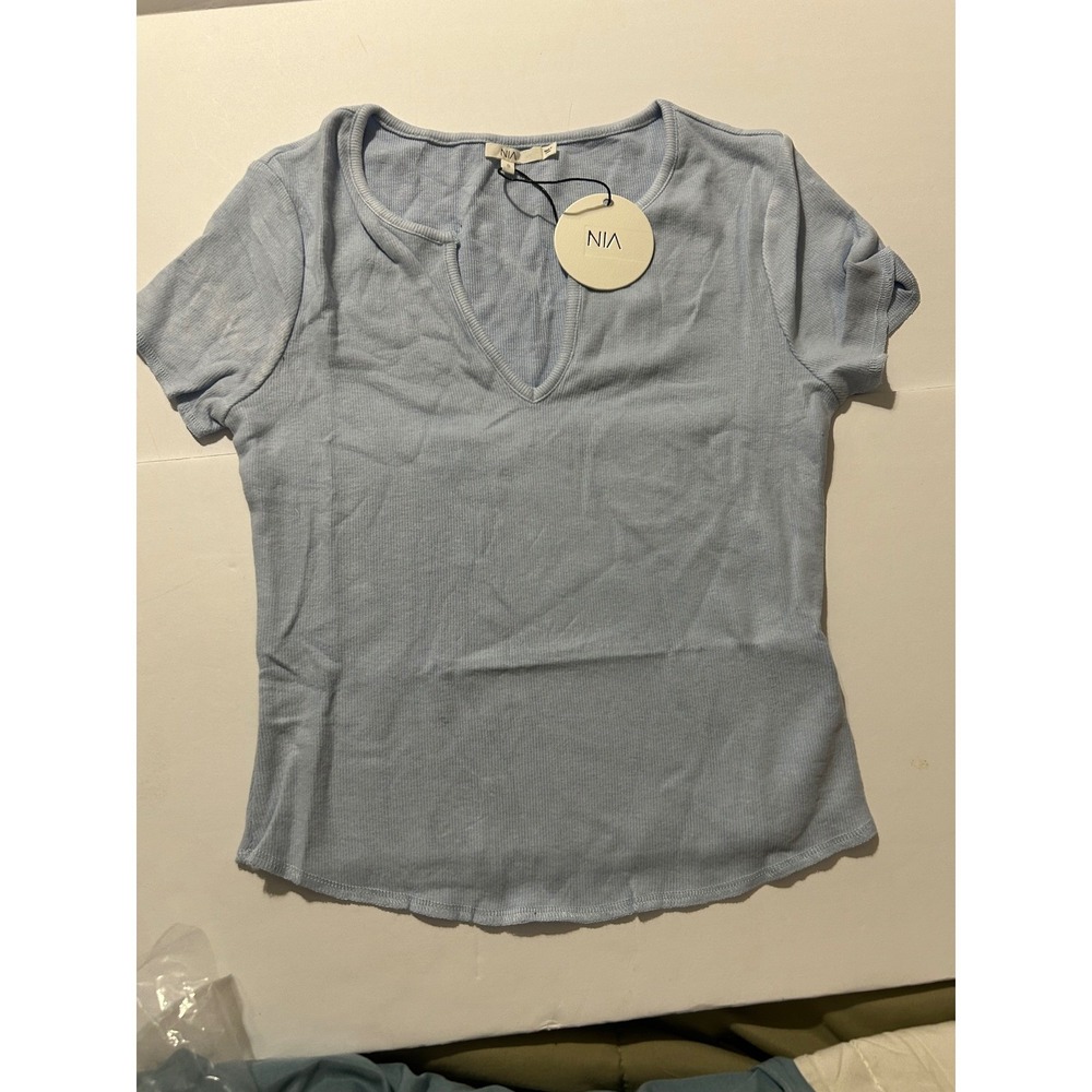 NIA Ribbed V-Neck Short Sleeve Top Light Blue Small NWT Minimalist Innocent